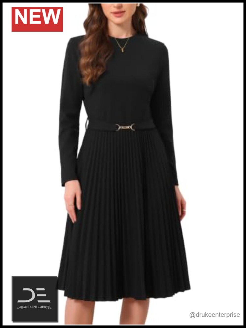 Elegant A-Line Midi Dress Long Sleeve Crew Neck